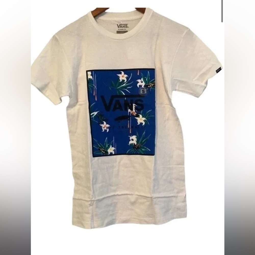 Vans White Tee with Blue Floral Print, New, size Large